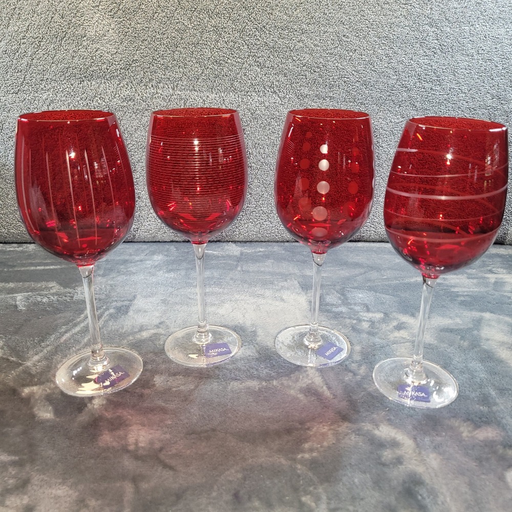 Mikasa Cheers Ruby Red Wine Glasses Set of 4 Etched Crystal Stemware 5072026
